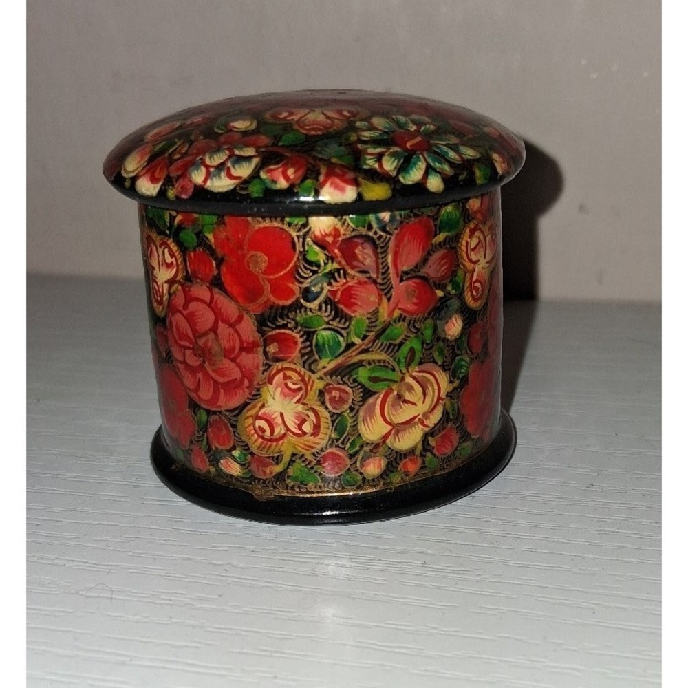 Handmade Kashmir India Wooden Trinket Box Painted Floral 2"